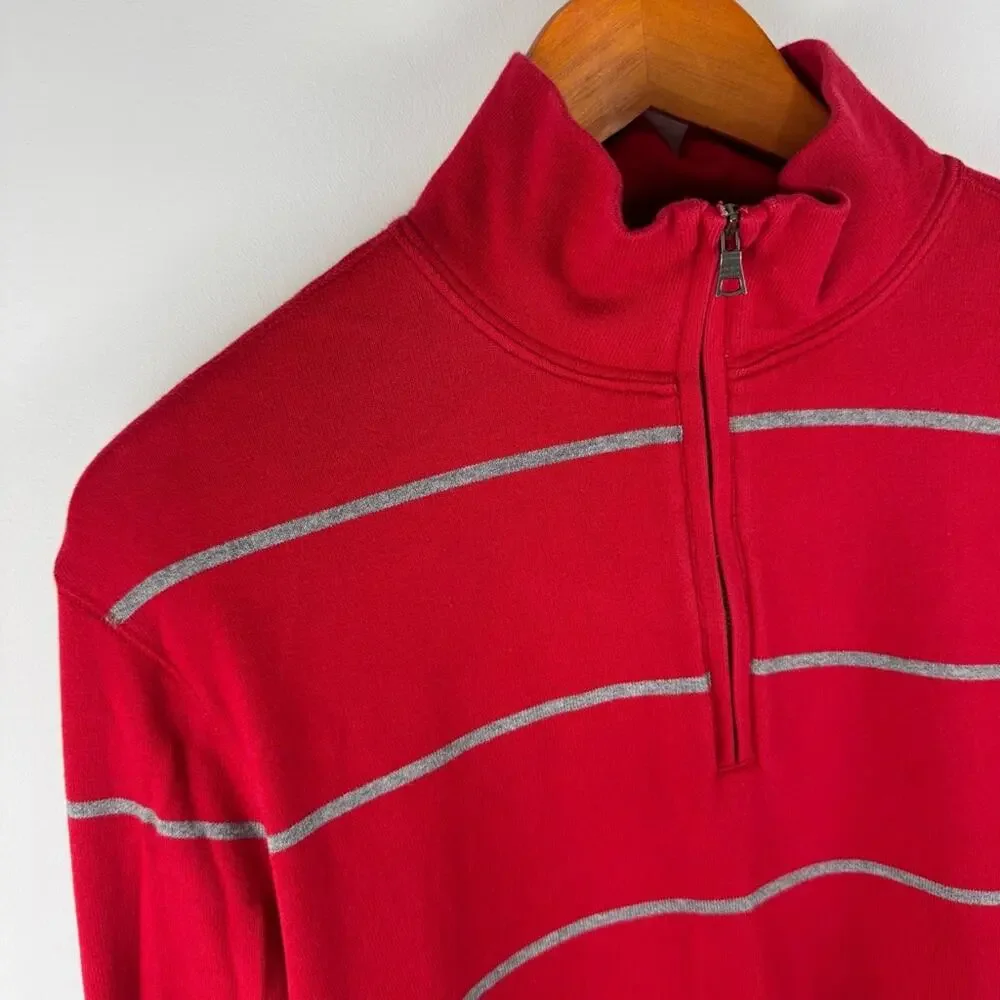 Banana Republic Men's Red Striped Quarter Zip Sweater ~ Large